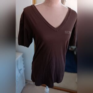 American Apparel~Brown V-Neck Women's Western Graphic Short Sleeve T-shirt